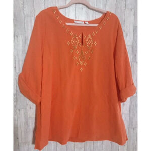 Susan Graver Beaded Blouse 3/4 Sleeve Roll Tab Keyhole Tunic Orange Size XL